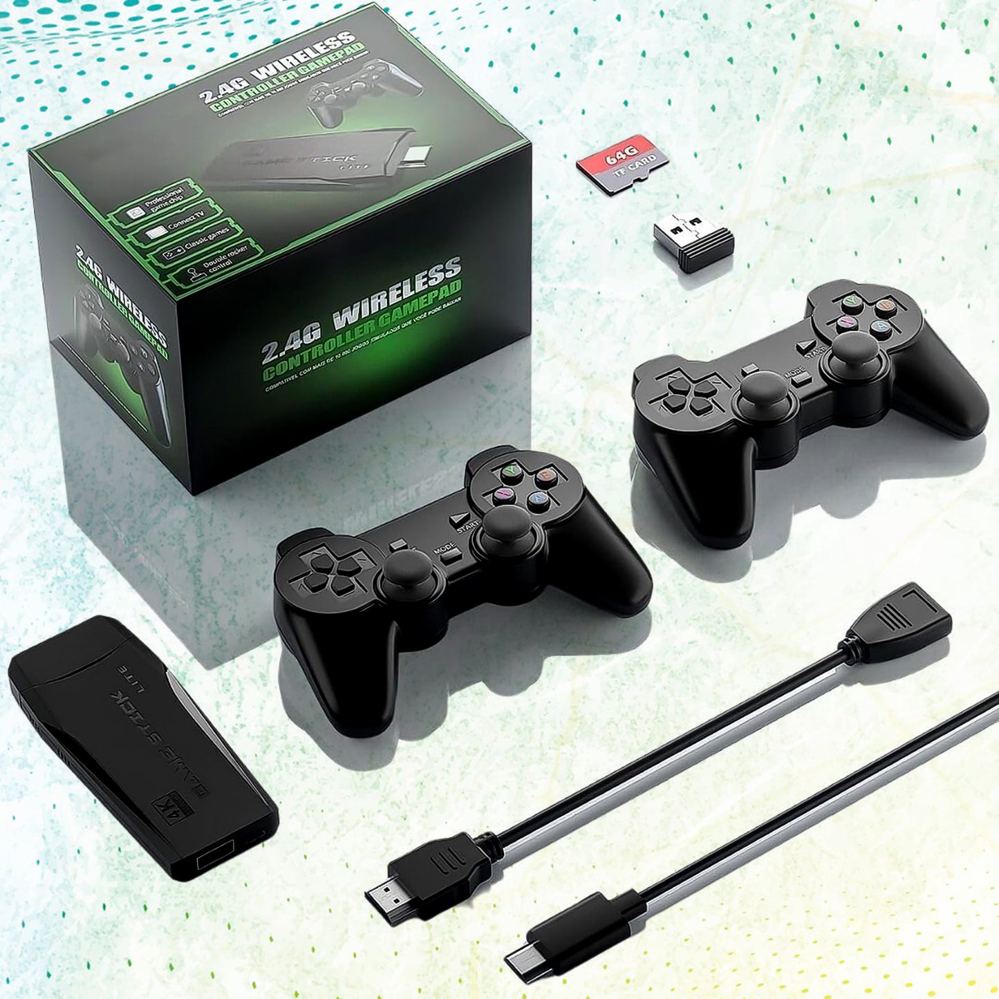 Kids and adults playing 2-player games on retro wireless console