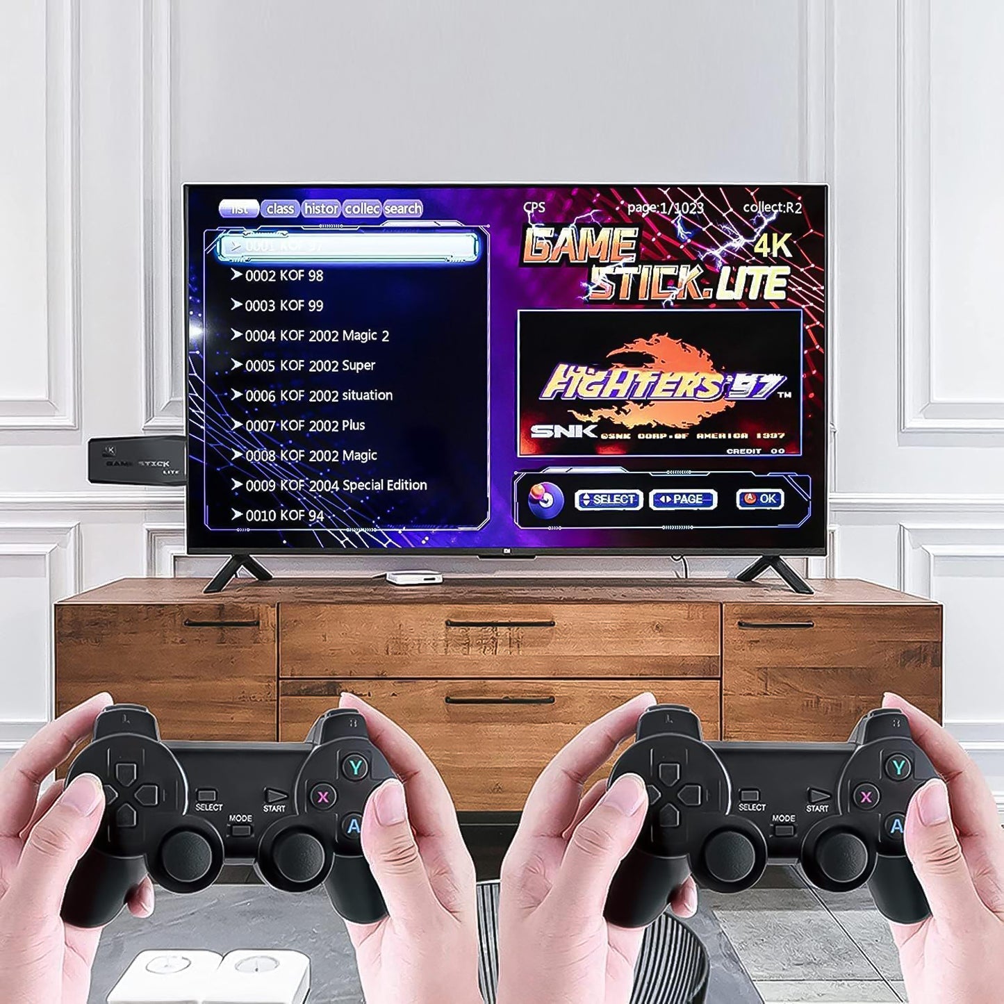 Complete set of 4K wireless retro game console with 2 controllers, 64GB card, and HDMI stick